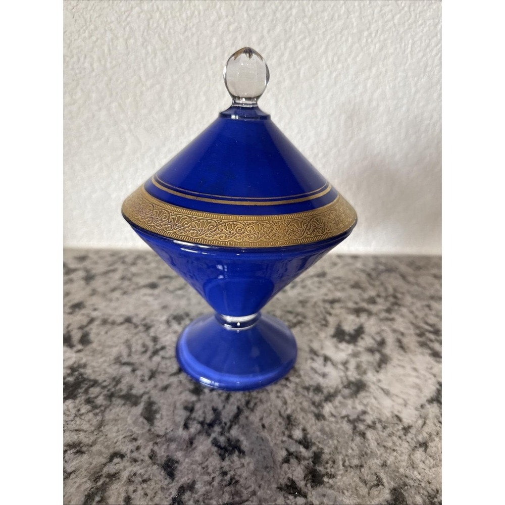 Vintage Cobalt Blue Glass Decorative Box Jar Urn with Gold Trim